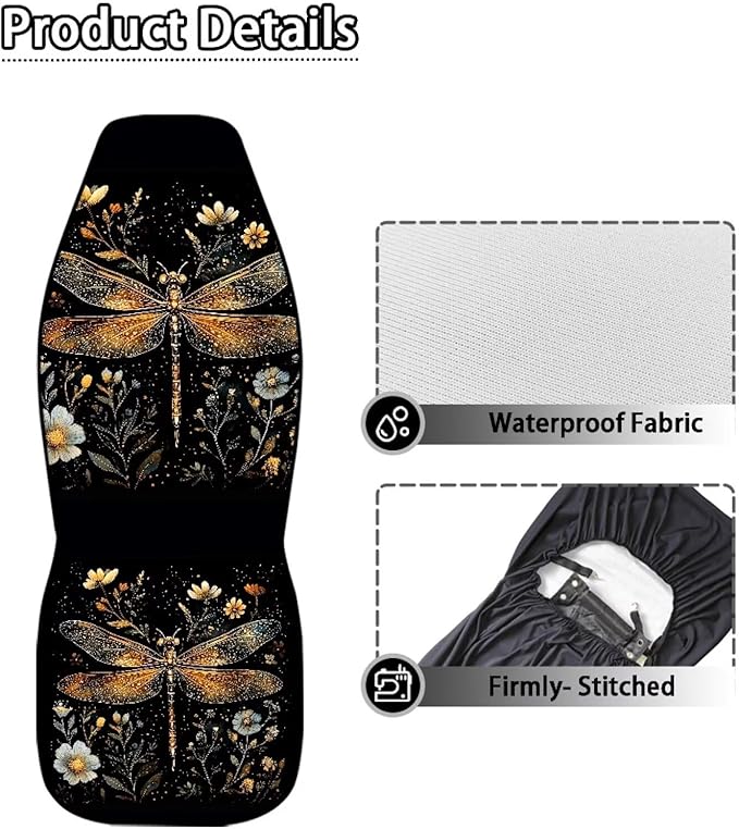 Fashion Dragonfly Car Seat Covers Universal Front Car Seats Waterproof Anti-Slip Back Fabric Removable Automotive Accessories Suitable for Cars, SUV and Trucks