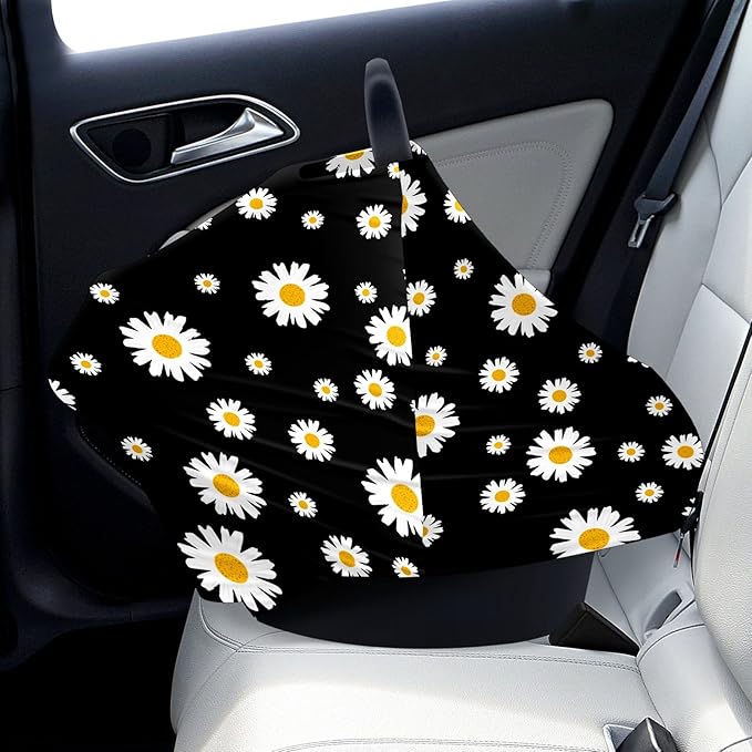 Baby Car Seat Stroller Covers White Yellow Daisy Flower Nursing Cover Breastfeeding Scarf Soft Breathable Stretchy Coverage Carseat Canopy Cover for Boys and Girls Soft Breathable Multi Use
