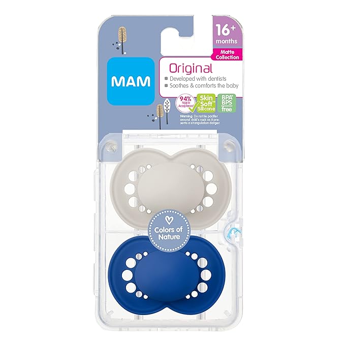 MAM Original Matte Baby Pacifier 2 Count, Night Pacifiers 2 Count - Silicone Nipple, Self Sterilizing Case, Unisex 6-16+ Months (Pack of 1)