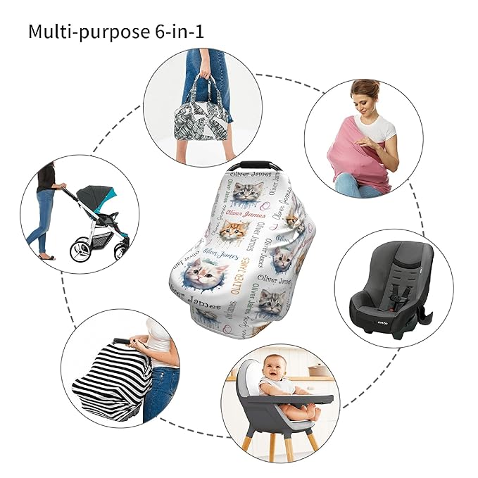 Personalized Car Seat Covers with Name, Cat Baby Canopy Carrier Cover, Breathable Breastfeeding Nursing Cover, Stretchy Multi-Use Infant Carseat Stroller Cover