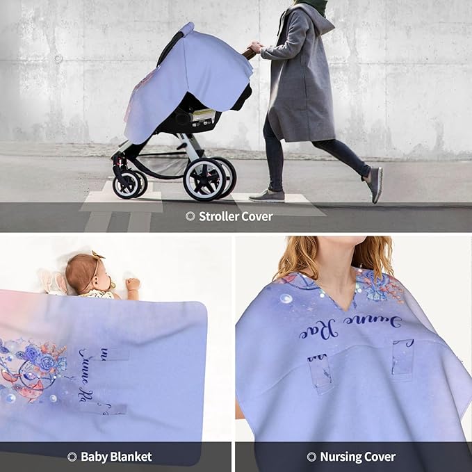 Custom Baby Car Seat Canopy with Name, Personalized Stroller Baby Car Seat Covers for Girls, Minky Nursing Carseat Cover for Breastfeeding, Car Seat Canopies for Infant Newborn(Dolphin)