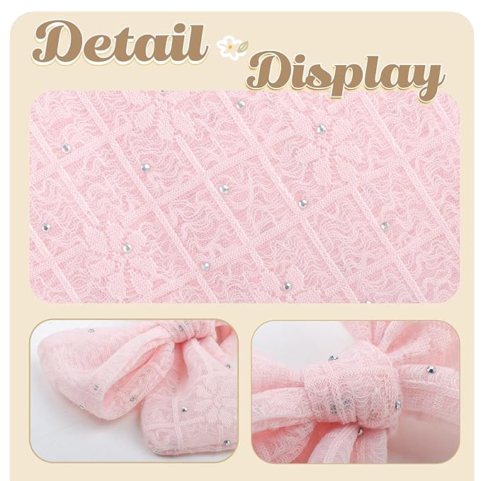 YanJie 3PCS 4’’ Lace Hair Bow for Girls Soft Nylon Baby Headbands Rhinestone Pink Blue Off White Bows Hair Accessories for Newborn Infant Toddler Girl