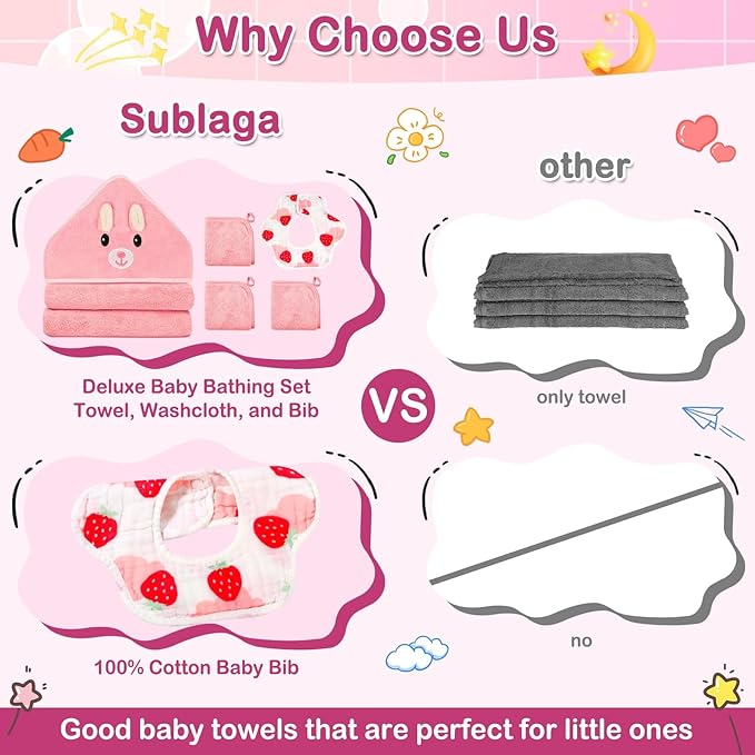 Sublaga 5 Pcs Baby Towels Set, 32x32 in Hooded Bath Towel, 3 Pcs Baby Washcloths and Muslin Baby Bibs for Newborns, Toddlers, and Kids, Baby Towels and Washcloths Set for Boys and Girls (Pink Rabbit)