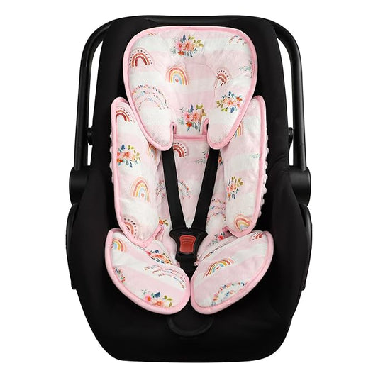 Pea Pod Infant Car Seat Insert 2-in-1 Baby Car Seat Head & Body Support for Newborn Preemie Carseat Stroller Cushion Pad Headrest with Soft Minky Dot Fabric Backing, Rainbow & Floral