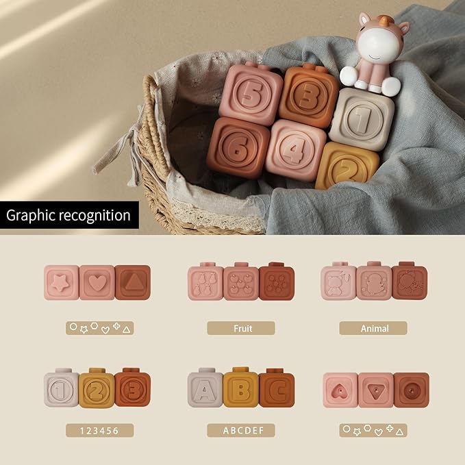Nueplay 7 Pcs Soft Toy Building Blocks for Baby Girls 6-12 Months, Montessori Early Learning Squeeze Blocks with Unicorn Sensory Stacking Design, Birthday Gift for Toddlers 1-3