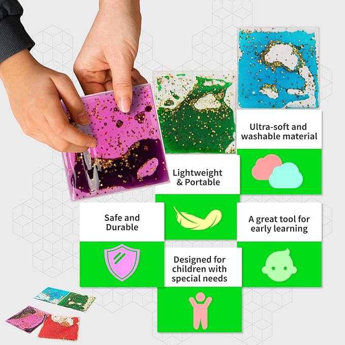 LONGKING 4-Pack 6"x 6" Liquid Tiles for Kids, Soft Gel Liquid Sensory Toys for Autistic Children, Sensory Mats, Sensory Toys for Toddlers 3-4