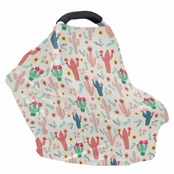 Biyejit Colorful Cactus Baby Car Seat Canopy Cover | Breathable & Stretchy Multi Use Cover for Breastfeeding, Nursing, High Chair, Shopping Cart, Strollers