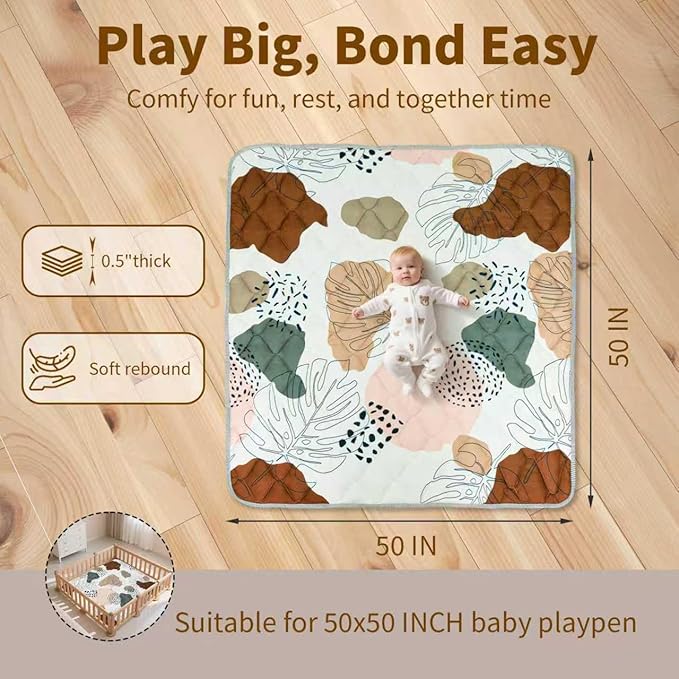 Baby Mat for Floor, Gentle Monster 50x50 Cushioning Padded Baby Playpen Mat, Non-Slip and Machine Washable Crawling Mat for Infants, Babies, Toddlers to Play and Learn Boho Design