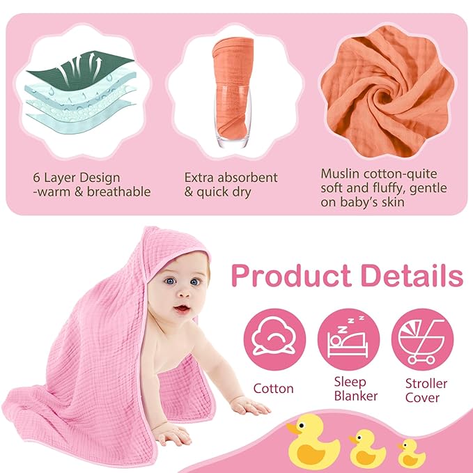 Peryiter 4 Pcs Muslin Hooded Baby Towels 32 x 32 Inch Cotton Newborn Bath Essentials Muslin Infant Blankets Absorbent Registry Gifts for Girl Boy Kids Baby Shower (Rainbow Colors)