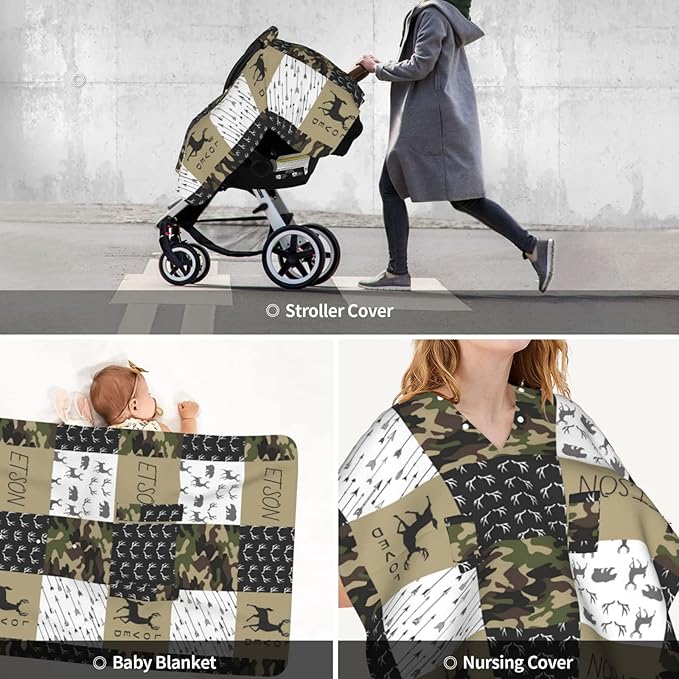 Personalized Green Woodland Deer Baby Infant Car Seats Canopy for Babies with Name, Custom Multi-use Blankets for Baby Boys, Peekaboo Minky Nursing Breastfeeding Stroller Cover Canopies for Newborn
