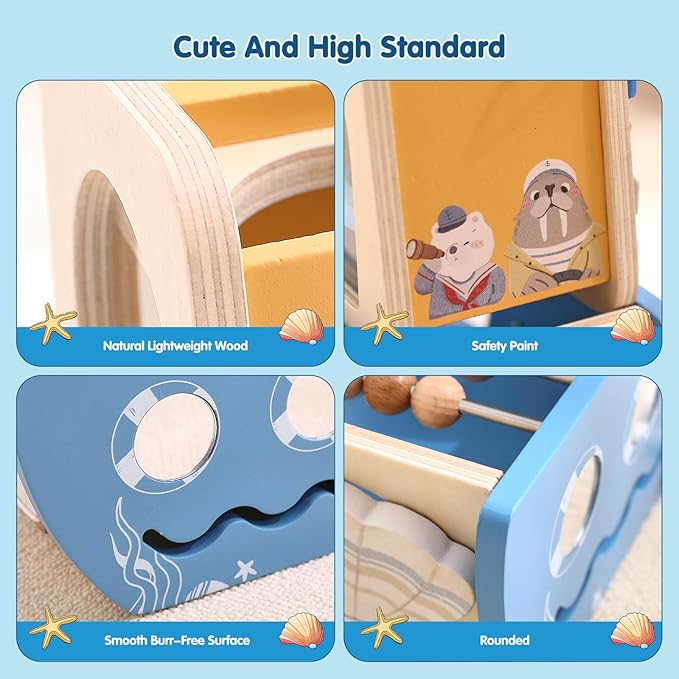 Promise Babe 5-in-1 Baby Wooden Activity Cube, Sea Ocean Montessori Toddler Toys for 1+ Year Old Boys Girls Gifts, Educational Learning Boat Toys for 1st Birthday Gifts for Kids