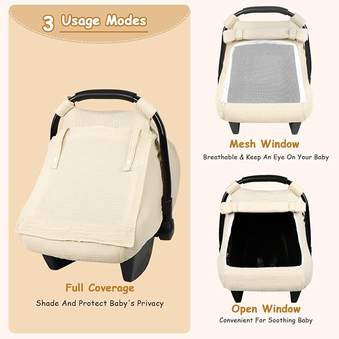 Car Seat Cover Baby, Summer Carseat Covers for Babies Girls Boys Breathable Muslin Cotton HNHUAMING Infant Car Seat Canopy with Large Mesh Window, Cozy & Windproof Newborn Stroller Cover, Apricot