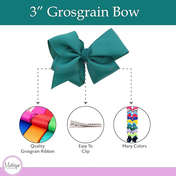 3 Inch Grosgrain Bow for Little Girls- Set of 2 (Dark Turquoise)
