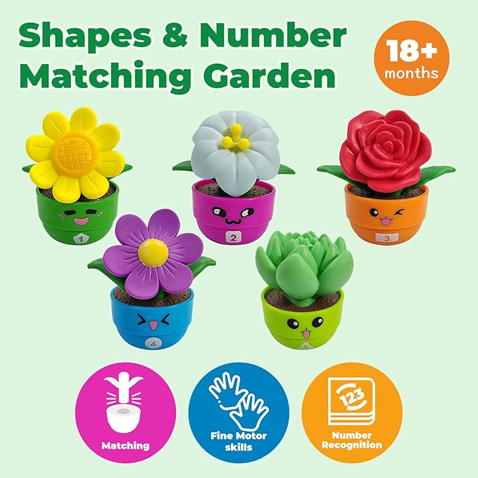 Montessori Toddler Flower Toy, Bloom & Learn Garden Set with 5 Shape & Color & Number Flowers, Sensory Pretend Toys for Preschool Early Learning, Toddlers Gift for 1 2 3 Girls & Boys