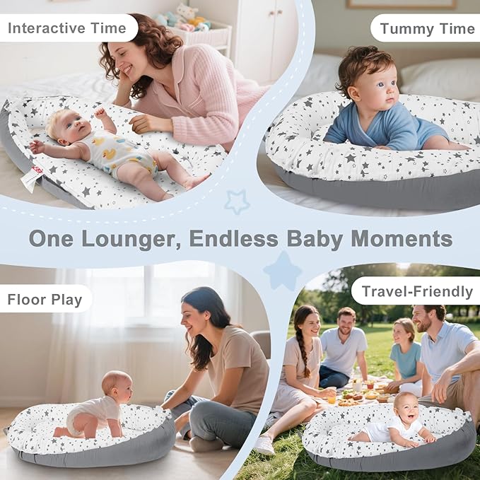 Baby Lounger for Newborn 0–24 Months, Portable Infant Seat with Ergonomic Support, Breathable Cotton Baby Chair for Tummy Time, Diaper Changes, and Travel Use (Stellar)