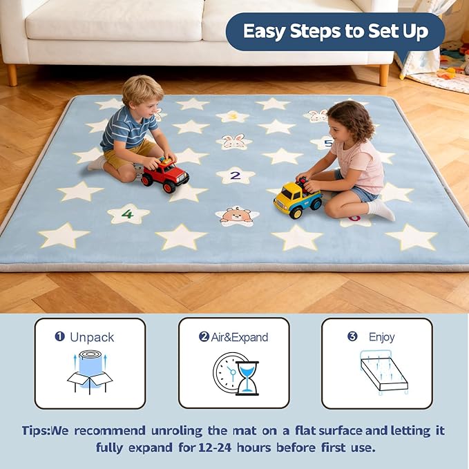 RONGFA Baby Play Mat for Floor, 71'' x 59'' Thicken Foam Padded Playmat for Tummy Time, Playpen Mat for Toddlers Infant Kids, Water-Repellent Coral Velvet, Non-Slip Bottom Safe for Crawling (Star)