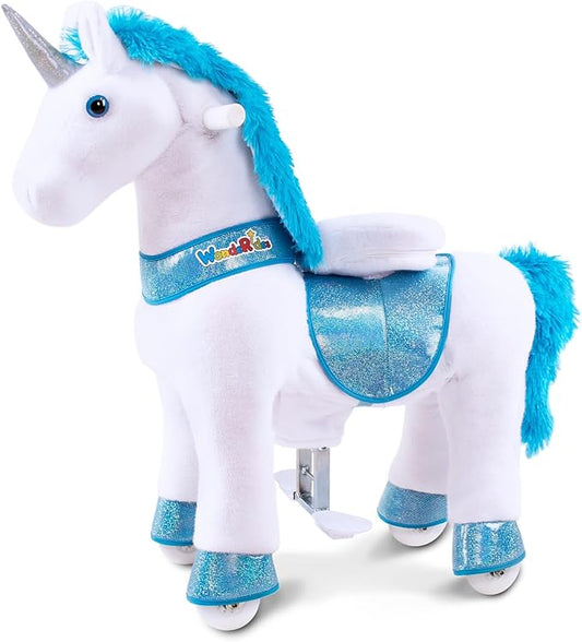 WondeRides Ride on Horse Pony Unicorn Riding Horse Toys Pony Rider Rocking Horse, 30.1 inch Height Plush Walking Animal Mechanical Rocking Horse with Wheels (Blue-White, Size 3 for Age 3-4) M331-1