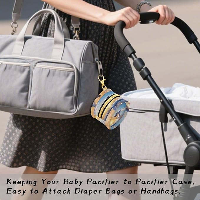 Pacifier Holder with Clip Pacifier Case for Diaper Bag Round Baby Pacifier Pouch Box Bag Portable Dolphin Jumping Sunset Blue