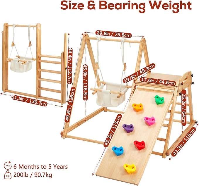 FUNLIO 4-in-1 Wooden Toddler Swing and Slide Set, Foldable Montessori Jungle Gym for Toddlers 0.5-5 Years, Indoor Playground with Swing/Slide/Ladder/Climbing Rock, Easy to Assemble & Store