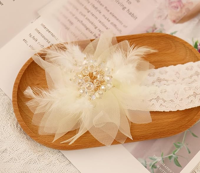 Bethynas Baby Girls Lace Feather Headband Beads Gauze Flower Elastic Toddler Hairband Birthday Party Princess Hair Accessories for Newborn Infant (White)