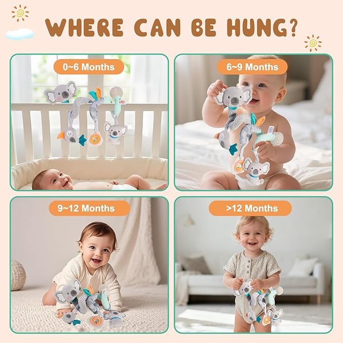 Baby Spiral Car Seat Toy, Stroller Hanging Sensory Toy for Newborn 0-12 Months, Soft Plush with Rattle Crinkle Teether, Koala Bird Activity Toy for Infant Boys Girls