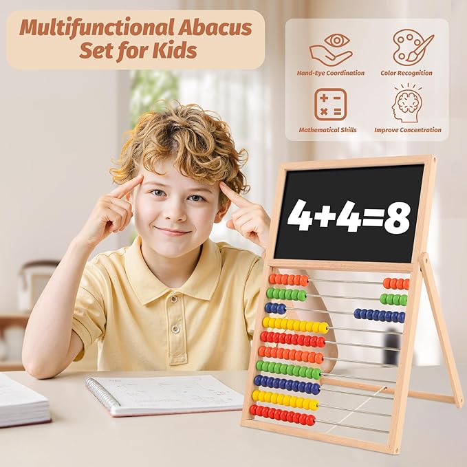 Wooden Abacus for Kids Math - Double-Sided Blackboard Whiteboard Magnetic Abacus with 100 Magnetic Number & Fruit Stickers - Educational Counting Games Kids Gift