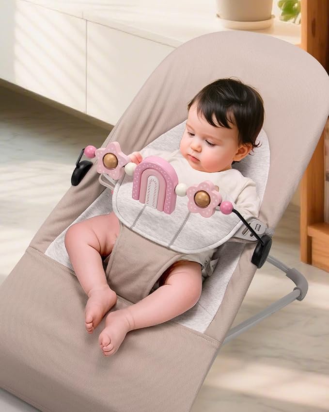 TinlyFinly Baby Bouncer Toy Bar Wooden Compatible with Baby Bjorn Bouncers, Bouncer Toy Attachment, Tight and Secure Fit, So Fun to Watch, Touch and Spin for Babies All Ages (Pink Rainbow)