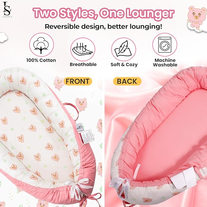 Baby Lounger for Newborn 0-24 Months – Ultra Soft Organic Cotton Infant Lounger – Reversible, Adjustable & Portable Baby Nest for Home & Travel – Soft, Breathable, Washable Cover by Leosole