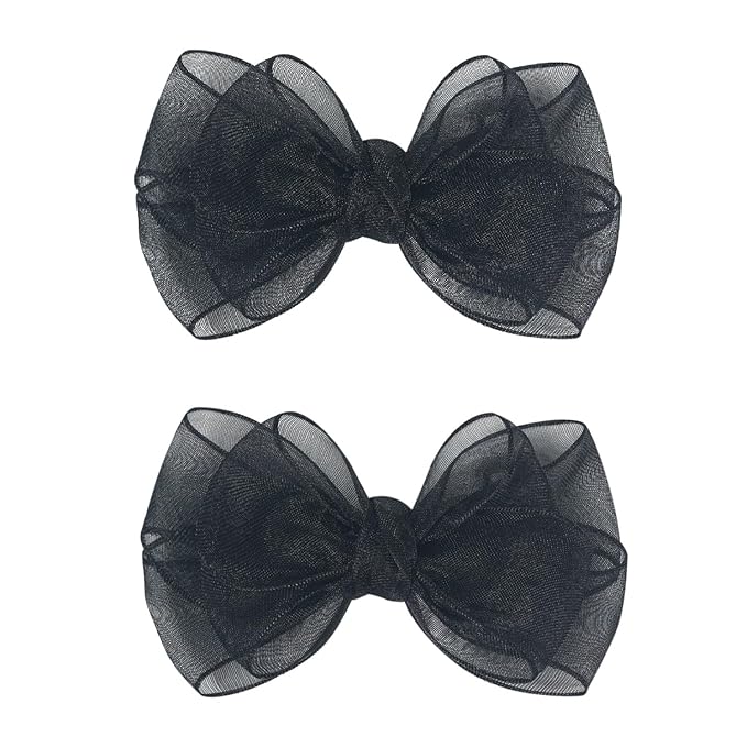 3.5-Inch Organza Hair Bows for Girls - Elegant Sheer Ribbon Alligator Clips for Toddlers, Kids, and Teens - Pack of 2, Black