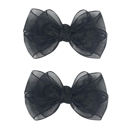 3.5-Inch Organza Hair Bows for Girls - Elegant Sheer Ribbon Alligator Clips for Toddlers, Kids, and Teens - Pack of 2, Black