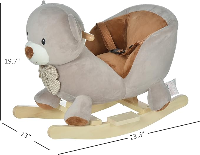 Qaba Kids Rocking Horse, Bear-Shaped Plush Toddler Ride on Horse with Sound, Wooden Base & Safety Belt for 18-36 Months, Gray