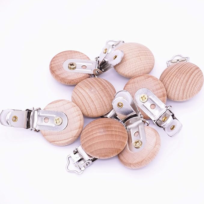 10Pcs 30mm (1.18") Natural Wood Pacifier Holder Round Beech Metal Wooden Pacifier Clip Suspender Clips DIY Pacifier Chain Accessories