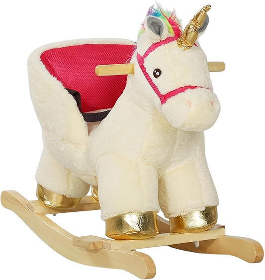 Qaba Kids Rocking Horse, Ride on Unicorn with Realistic Sounds, Safety Belt & Wooden Base, Plush Animal Rocker for Toddlers 18-36 Months, Cream White