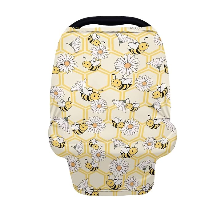 Wanyint Baby Car Seat Covers Carseat Canopy for Boys Girls, Multi-Use Nursing Breastfeeding Covers Mothers Nursing Scarf Halloween Decoration, Bee Honeycomb Daisy Yellow