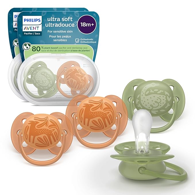 Philips Avent Ultra Soft Pacifiers - Orthodontic Design, for Babies 18 Months+, Flexible Shield, Extra-Firm Silicone Symmetrical Nipple, BPA-Free, with 2 Sterilizing Cases, 48 Pack, SCF093/07