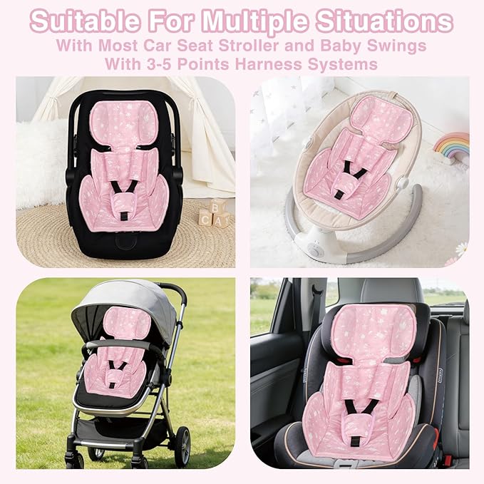 Infant Car Seat Insert, 3 in 1 Ultra-Thick Newborn Carseat Insert with Strap Covers for Girls, Man Fai Sky Universal Car Seat Head Support Baby for Carseat, Strollers, Swings, Bouncer (Pink)