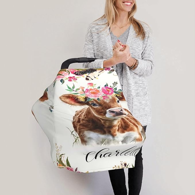 Personalized Cow Baby Car Seat Cover with Name,Multi-Use Canopy for Nursing, Strollers,Shopping Carts,Customized Breastfeeding Cover, Full Privacy,Infant Stroller Cover