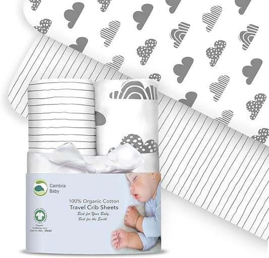 100% Organic Cotton Fitted Travel Crib Sheets, Perfectly Compatible with Guava Lotus, BabyBjorn, Dream On Me and All mattresses 22-26" Wide by 40-44" Long. Strap Holes in Corners. 2 Pk