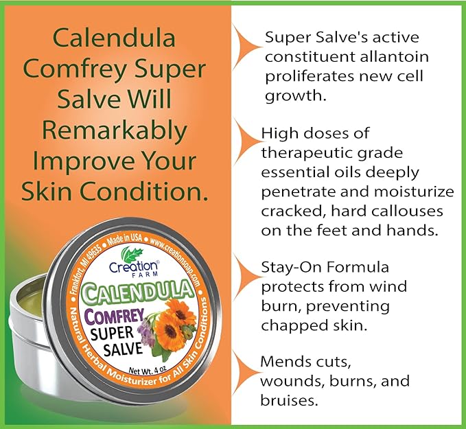 Calendula Comfrey Super Salve by Creation Farm, Herbal Balm, Moisturizer, and Ointment with No Gluten, Soy, GMO or Parabens, Made in USA Comforts many issues.
