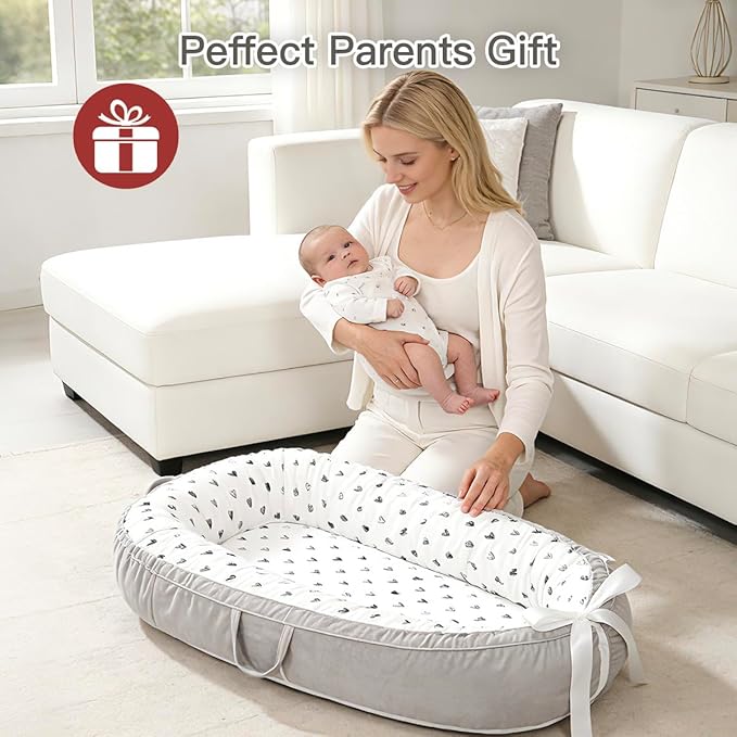Baby Lounger | Organic Cotton Infant Support Cushion | Reversible, Adjustable & Portable Floor Lounger | Soft, Breathable, Washable Cover