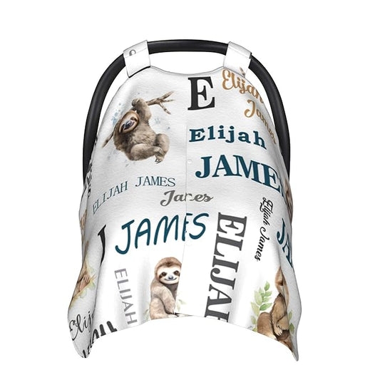 Personalized Winter Baby Car Seat Cover with Name Sloth Winter Car Seat Cover for Baby Seat or Stroller Custom Infant Car Seat Covers Minky Blankets Nursing Cover Breastfeeding Scarf