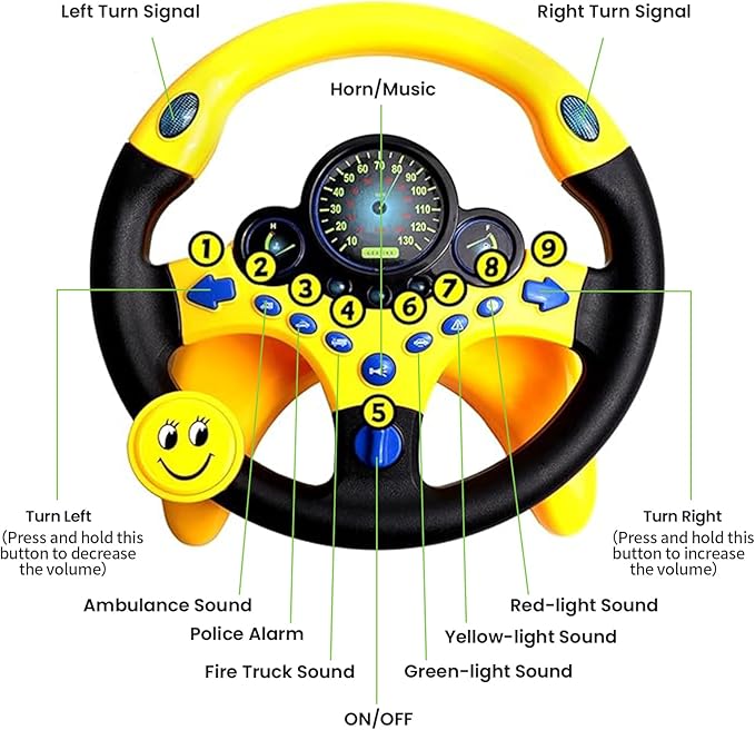 Kids Driving Toy Set with Interactive Steering Wheel and Traffic Light-Simulate Driving Car Steering Wheel Toy for Kids with Dashboard Display,Yellow and Black