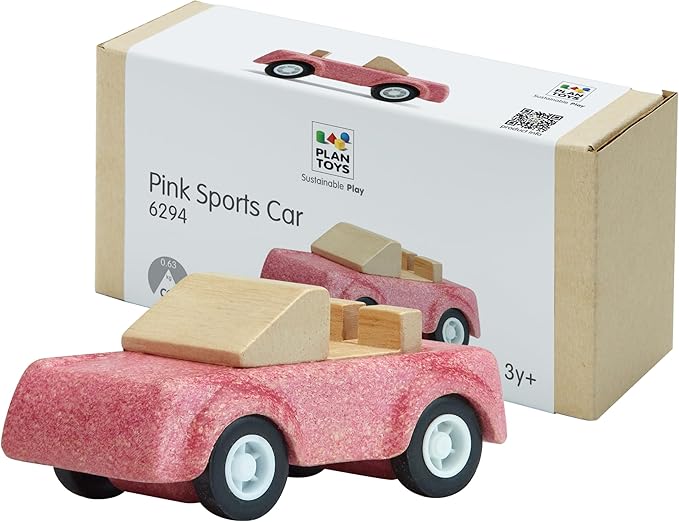 PlanToys® Pink Sports Car Wooden Montessori Vehicle Toy | Early Movement, Imagination and Practical Life Exploration | Eco Friendly Car for Indoor and Outdoor Play
