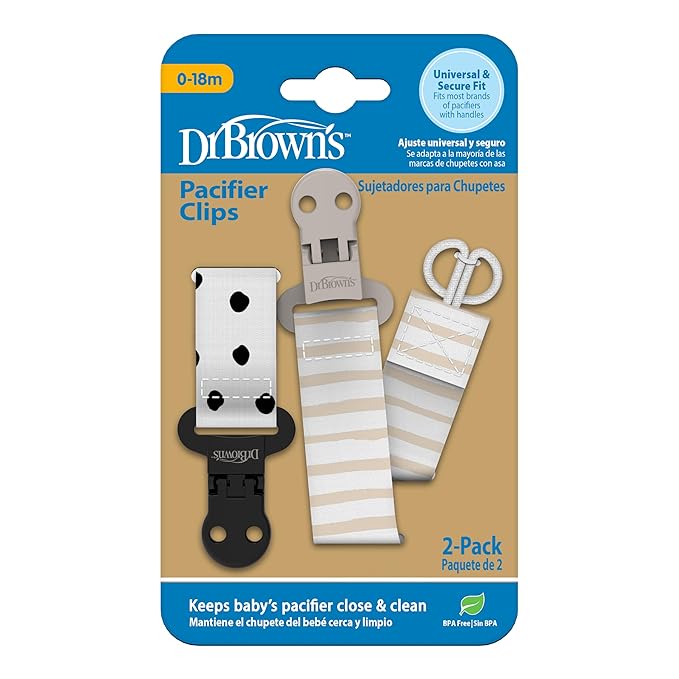 Dr. Brown's Pacifier Clips, Universal Fit Fabric Strap for Pacifiers, Dots and Stripes, BPA-Free, 0-18 Months, 2-Pack