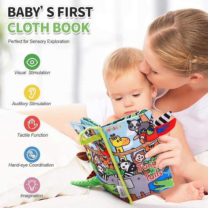 Jollybaby Crinkle Books for Babies, Sensory Soft Touch and Feel Baby Toys for 0-6 Months Infants, Newborn Montessori Early Educational Cloth Toys, Baby Girl & Boy Gift(Jungle Tails)