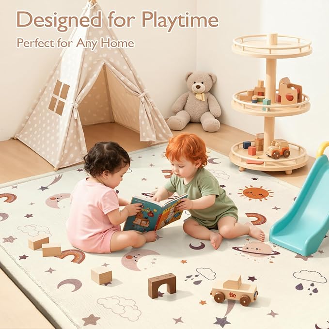 STARUIA Baby Play Mat for Floor, 1.1" Thick Memory Foam Tummy Time Mats, Soft Flannel Nursery Rug, Non Slip Crawling Mat for Toddlers, Kids, Playpen, Tatami Style for Living Room(59" X 79", Sky)
