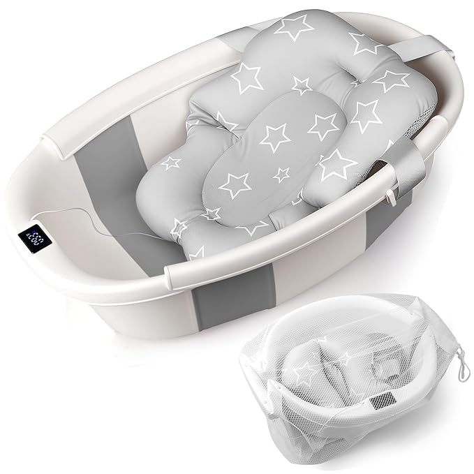 Baby Bathtub, Baby Bath Tub with Thermometer & Soft Cushion, Collapsible Infant Bathtub for Newborn to Toddler 0-36 Months, Quick Use & Portable for Travel(Grey)