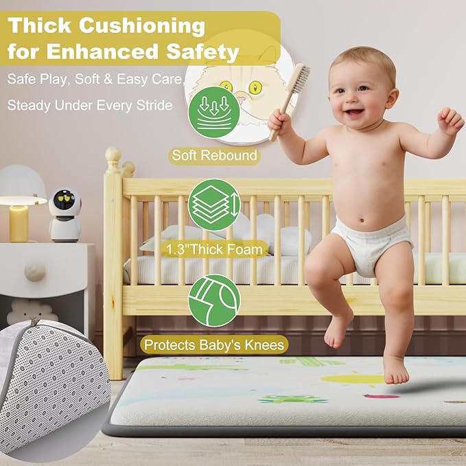Baby Play Mat for Floor, 1.3" Thick Elasti-Foam Baby Play Mat, 71x59 Playpen Mat for Toddlers Infant kids, Water Repellent Soft Coral Velvet Crawling Mat for Floor, Non-Slip Backing Safe Jungle Safari