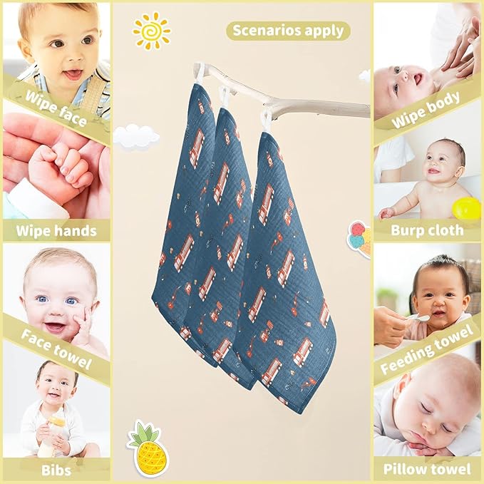 vvfelixl Firefighters Pattern Baby Burp Cloths, Baby Muslin Washcloths for Boys Girls, Cotton Baby Face Towel for Newborn Infants Soft and Absorbent 11.8 X 11.8 in, 5 Pack Blue