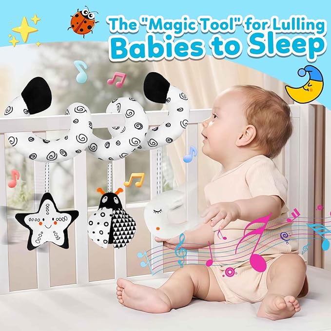 kizh Baby Hanging Stroller and Car Seat Toys High Contrast Baby Toys for Newborn Black and White Sensory Plush Activity Toy for Babies 0-6 Months-Bug